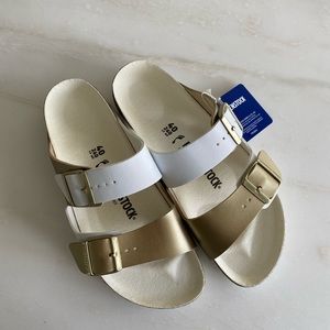 Birkenstock Arizona Split Sandals White/Gold Birka Flora size 40, US Women 9-9.5
